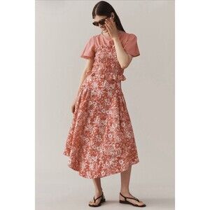 Anthropologie Midi Skirt Women Red Floral Linen Preppy Vacay Boho Size 8 NWT